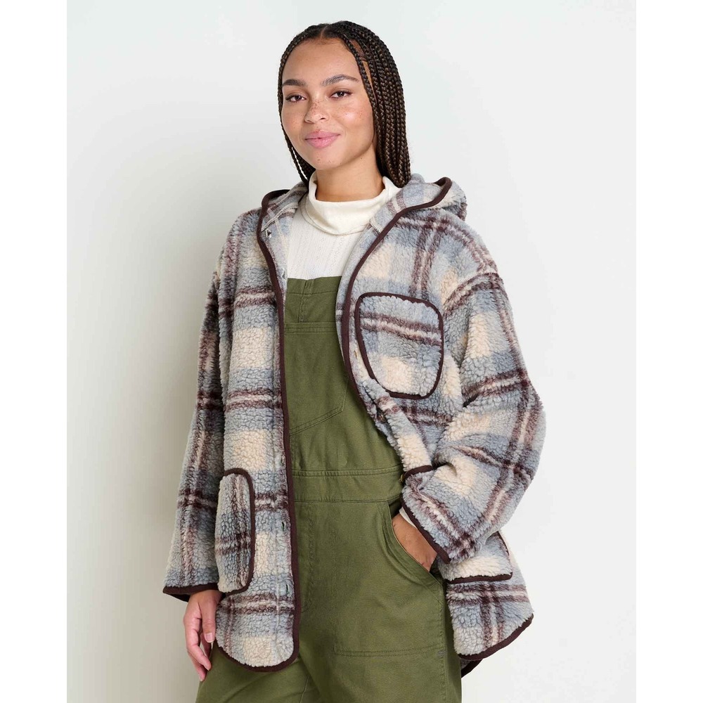NEW Toad&Co Women Jacket S Sespe Barn Light Ash Plaid Hooded Sherpa Button